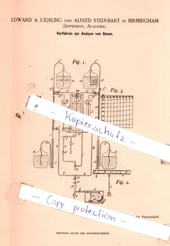 original Patent - Edward A. Uehling und Alfred Steinbart in Birmingham , 1894 , Verfahren zur Analyse von Gasen !!!