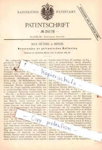 original Patent - Max Müthel in Berlin , 1885 , Neuerungen an galvanischen Batterien !!!