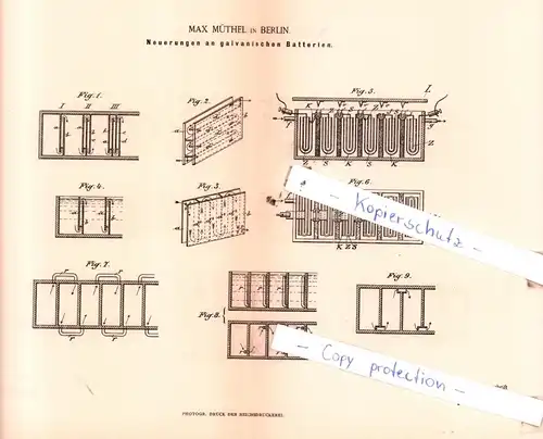 original Patent - Max Müthel in Berlin , 1885 , Neuerungen an galvanischen Batterien !!!