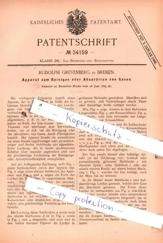 original Patent - Rudolph Grevenberg in Bremen , 1885 , Apparat zum Reinigen oder Absorbiren von Gasen !!!
