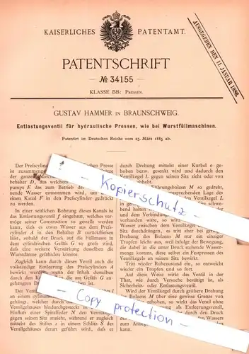 original Patent - Gustav Hammer in Braunschweig , 1885 , Entlastungsventil für hydraulische Pressen !!!