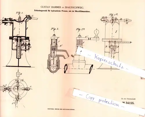 original Patent - Gustav Hammer in Braunschweig , 1885 , Entlastungsventil für hydraulische Pressen !!!