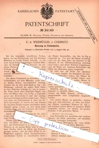 original Patent - C. A. Weidmüller in Chemnitz , 1885 , Neuerung an Farbenkarten !!!