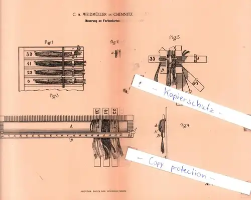 original Patent - C. A. Weidmüller in Chemnitz , 1885 , Neuerung an Farbenkarten !!!