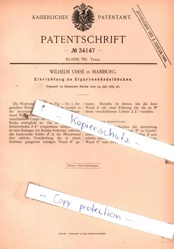 original Patent -  Wilhelm Ohse in Hamburg , 1885 , Einrichtung an Cigarrenbündelböcken !!!