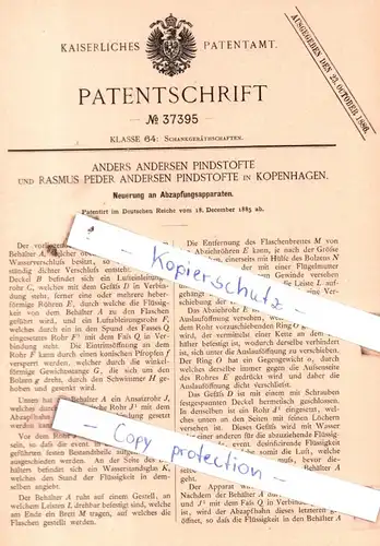 original Patent - Anders Andersen und Rasmus Peder Andersen Pindstofte in Kopenhagen , 1885 , Schankgeräthschaften !!!