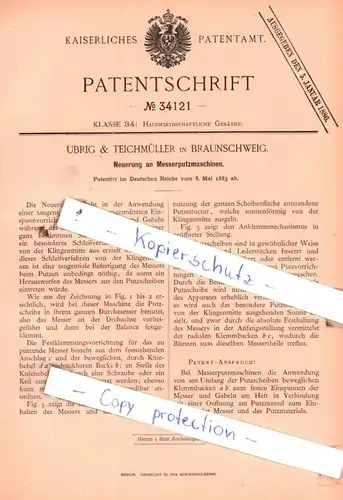 original Patent - Ubrig & Teichmüller in Braunschweig , 1885 ,  Neuerung an Messerputzmaschinen !!!