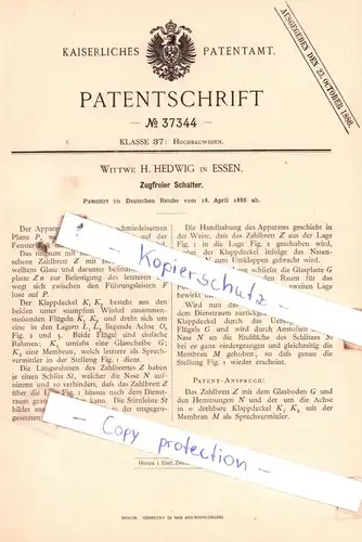 original Patent - Wittwe H. Hedwig in Essen , 1886 , Zugfreier Schalter !!!