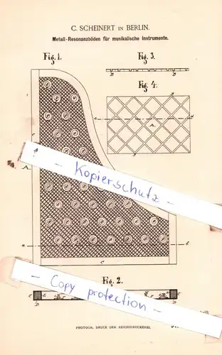 original Patent -  C. Scheinert in Berlin , 1886 , Metall-Resonanzböden für musikalische Instrumente !!!