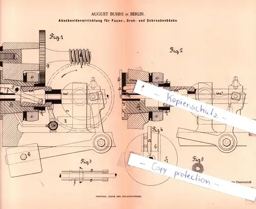 original Patent - August Buhrs in Berlin , 1886 ,  Abschneidevorrichtung für Facon-, Dreh- und Schraubenbänke !!!