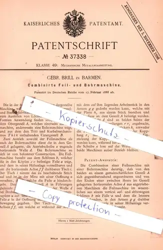 original Patent - Gebr. Brill in Barmen , 1886 , Combinirte Feil- und Bohrmaschine !!!