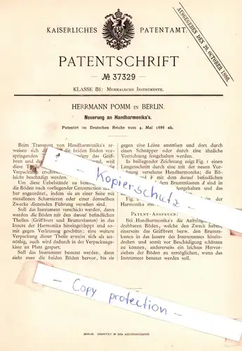 original Patent - Herrmann Pomm in Berlin , 1886 , Neuerung an Handharmonika`s !!!