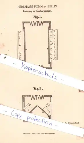 original Patent - Herrmann Pomm in Berlin , 1886 , Neuerung an Handharmonika`s !!!