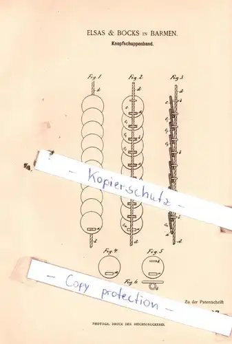 original Patent - Elsas & Bocks in Barmen , 1886 , Knopfschuppenband !!!