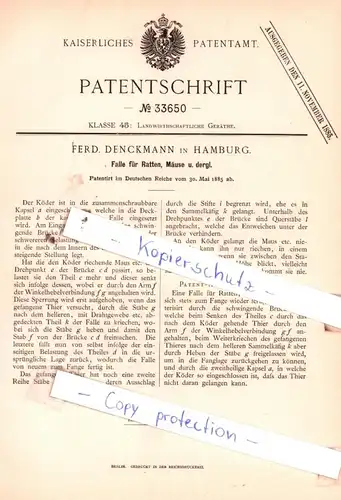 original Patent - Ferd. Denckmann in Hamburg , 1885 , Falle für Ratten, Mäuse u. dergl. !!!