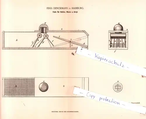 original Patent - Ferd. Denckmann in Hamburg , 1885 , Falle für Ratten, Mäuse u. dergl. !!!