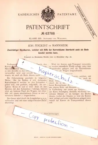 original Patent - Joh. Feickert in Mannheim , 1891 , Zweirädriger Handkarren !!!