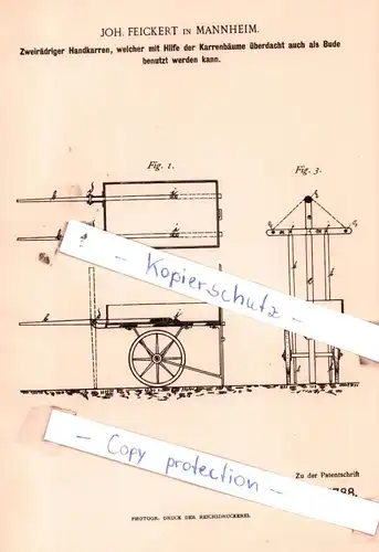 original Patent - Joh. Feickert in Mannheim , 1891 , Zweirädriger Handkarren !!!