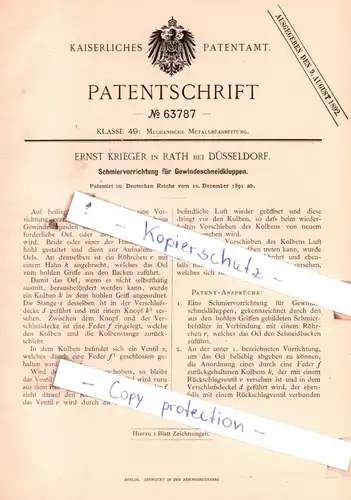 original Patent - Ernst Krieger in Rath bei Düsseldorf , 1891 , Schmiervorrichtung für Gewindeschneidkluppen !!!
