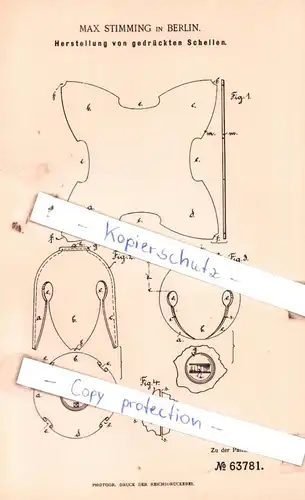 original Patent - Max Stimming in Berlin , 1891 , Herstellung von gedrückten Schellen !!!