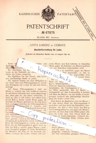original Patent - Otto Lorenz in Görlitz , 1892 , Abschärfvorrichtung für Leder !!!