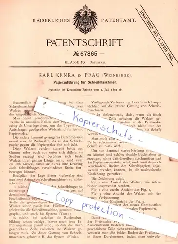 original Patent - Karl Krnka in Prag , Weinberge , 1892 , Papierzuführung für Schreibmaschinen !!!