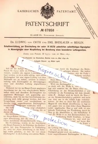 original Patent - Dr. Ludwig von Orth und Emil Breslauer in Berlin , 1892 , Elektrische Apparate !!!