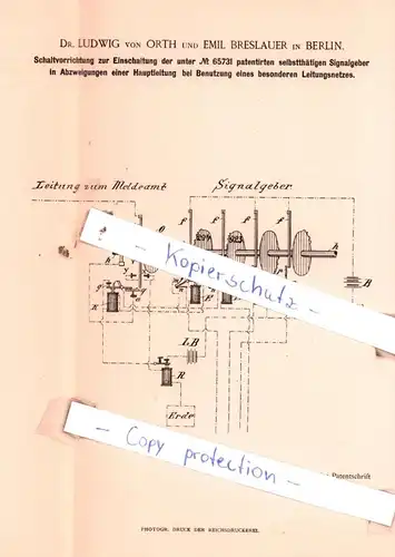 original Patent - Dr. Ludwig von Orth und Emil Breslauer in Berlin , 1892 , Elektrische Apparate !!!