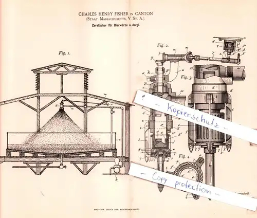original Patent -  Charles Henry Fisher in Canton , 1892 , Zerstäuber für Bierwürze u. dergl. !!!