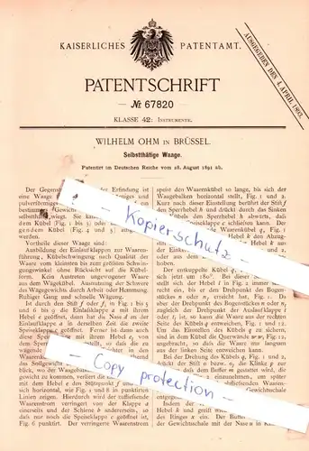 original Patent - Wilhelm Ohm in Brüssel , 1891 , Selbstthätige Waage !!!