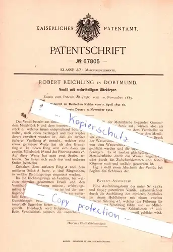 original Patent - Robert Reichling in Dortmund , 1892 , Ventil mit mehrteiligem Sitzkörper !!!