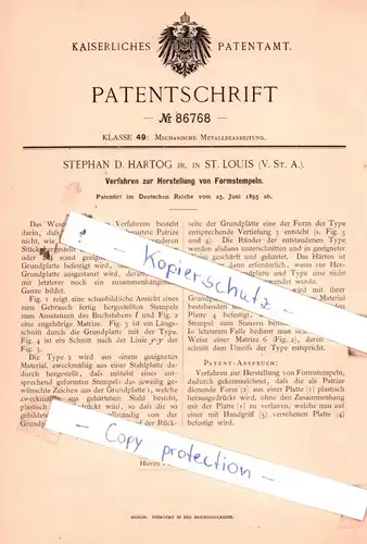 original Patent - Stehan D. Hartog jr. in St. Louis , V. St. A. , 1895 ,  Herstellung von Formstempeln !!!