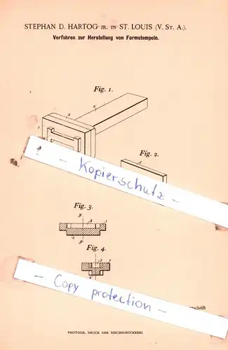 original Patent - Stehan D. Hartog jr. in St. Louis , V. St. A. , 1895 ,  Herstellung von Formstempeln !!!