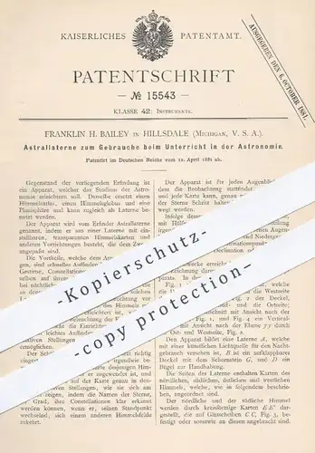 original Patent - Franklin H. Bailey , Hillsdale Michigan USA 1881 , Astrallaterne für Astronomie | Globus Atlas Laterne