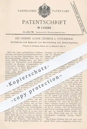 original Patent - Per Fredrik Alarik Liedbeck , Stockholm , 1898 , Herstellung von Schießpulver | Waffen , Gewehre !!!