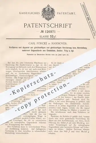 original Patent - Carl Forcke , Hannover 1900 , Verzieren u. Garnieren von Schokolade , Pralinen , Zucker | Lebensmittel
