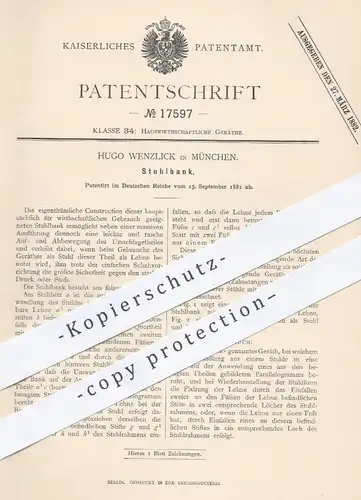 original Patent - Hugo Wenzlick , München , 1881 , Stuhlbank | Stuhl , Stühle , Bank , Sitzbank , Möbel , Möbelbauer !!!