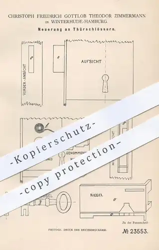 original Patent - Christoph Fr. G. Th. Zimmermann , Hamburg Winterhude  1882 , Türschloss , Türschlösser | Schloss , Tür