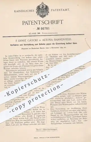original Patent - F. Ernst Gätcke , Hamburg Altona Bahrenfeld  1894 , Schutze gegen heiße Gase | Ofen , Öfen , Ofenbauer