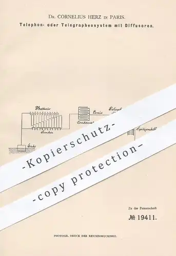 original Patent - Dr. Cornelius Herz , Paris  1880 , Telefon , Telegraphen mit Diffusoren | Telegraph , Telefone , Strom