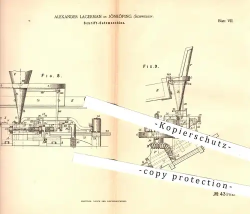 original Patent - A. Lagerman , Jönköping , Schweden , 1887 , Schrift - Setzmaschine | Schriftsetzer , Druck , Buchdruck