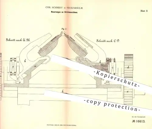 original Patent - C. Schmidt , Neckarsulm , 1881 , Strickmaschine , Strickmaschinen | Stricken , Wolle , Flechtmaschine