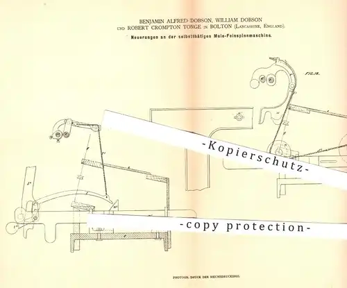 original Patent - B. Alfred u. William Dobson ,  R. Crompton Tonge , Bolton Lancashire England 1879 , Mule Spinnmaschine