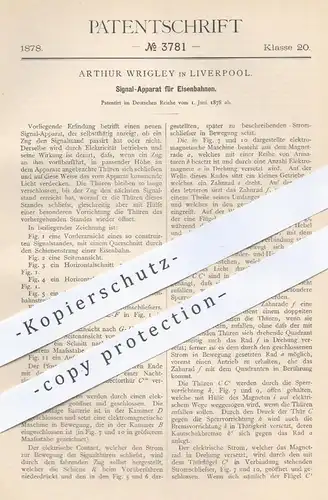 original Patent - Arthur Wrigley , Liverpool , 1878 , Signal - Apparat für Eisenbahnen | Eisenbahn , Signale , Strom !!