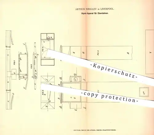 original Patent - Arthur Wrigley , Liverpool , 1878 , Signal - Apparat für Eisenbahnen | Eisenbahn , Signale , Strom !!