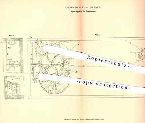 original Patent - Arthur Wrigley , Liverpool , 1878 , Signal - Apparat für Eisenbahnen | Eisenbahn , Signale , Strom !!