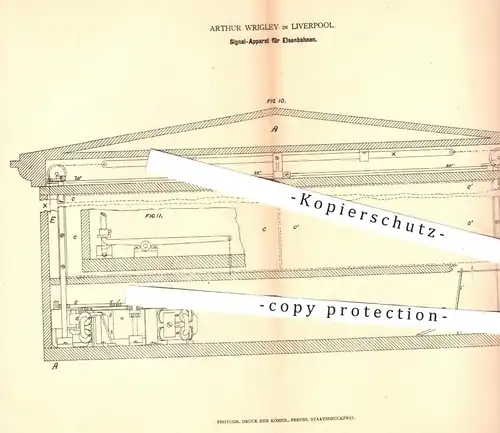 original Patent - Arthur Wrigley , Liverpool , 1878 , Signal - Apparat für Eisenbahnen | Eisenbahn , Signale , Strom !!