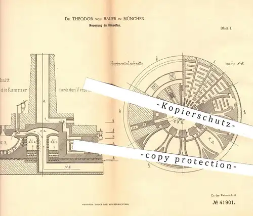 original Patent - Dr. Theodor von Bauer , München , 1887 , Koksöfen Koksofen , Koks , Ofen Öfen , Ofenbauer , Brennstoff