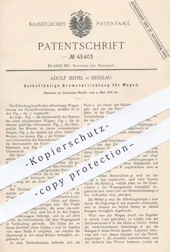 original Patent - Adolf Jeenel , Breslau , 1888 , Bremsen für Wagen | Bremse , Wagenbremsen , Karren , Kutschen !!!
