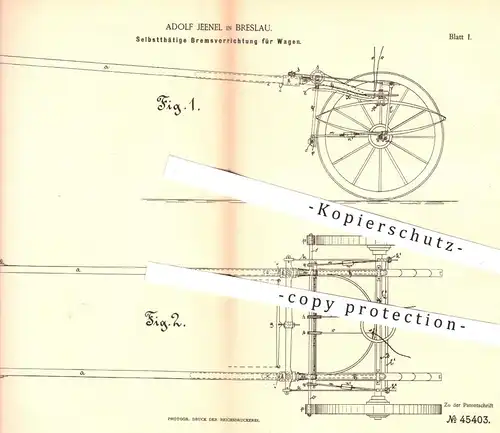 original Patent - Adolf Jeenel , Breslau , 1888 , Bremsen für Wagen | Bremse , Wagenbremsen , Karren , Kutschen !!!